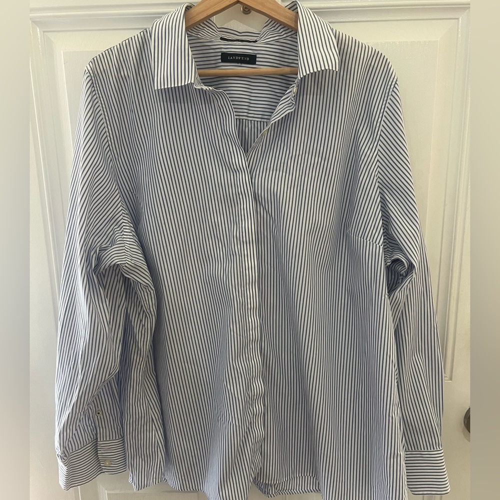 Lands’ End No Iron Supima Blouse in Blue and White Stripe Size 3X